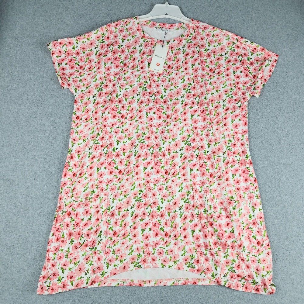 Poetsky Tunic Top Womens XL Pink Floral Short Sleeve High Low Pockets Casual